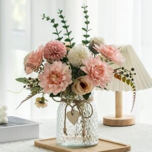 Pink Dahlia Artificial Flowers with Vase – Faux Silk Floral Arrangement for Home Decor, Wholesale & Custom Available